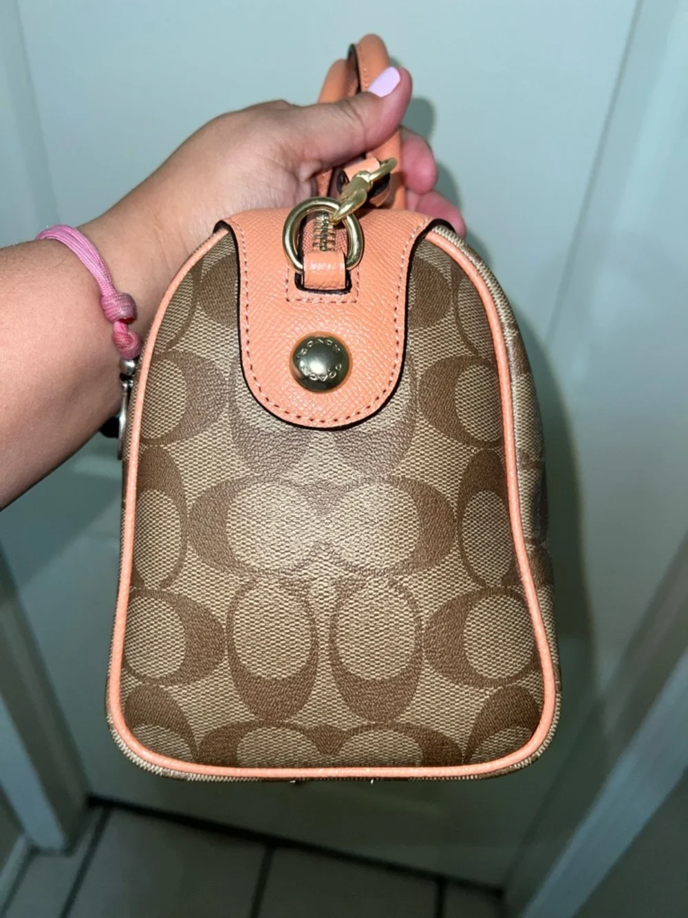 Coach Brown Signature Satchel with Pink Flamingo Accent - Picture 4 of 11